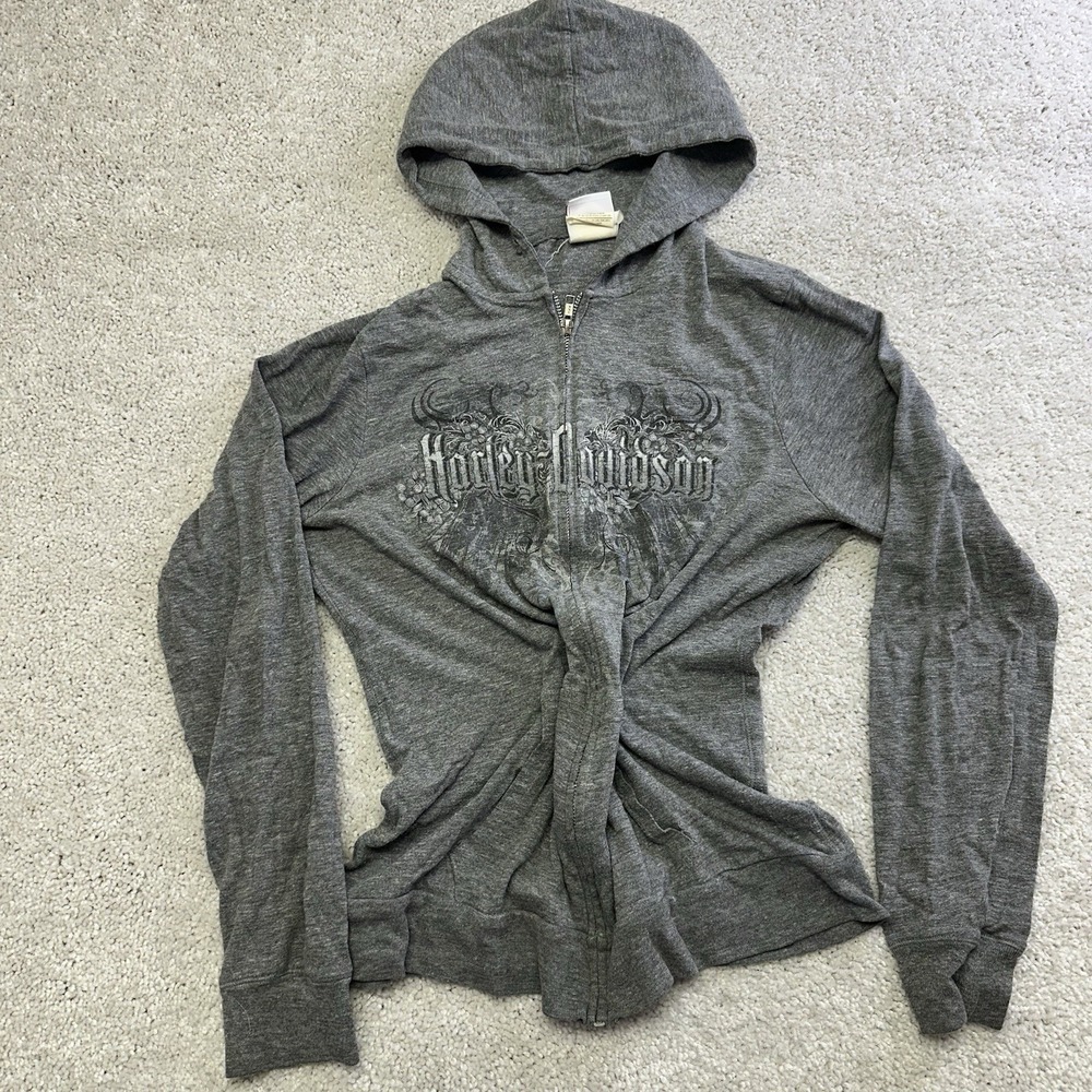Y2K Harley Davidson Sweatshirt Hoodie Distressed Burnout Zip Up Gray XL